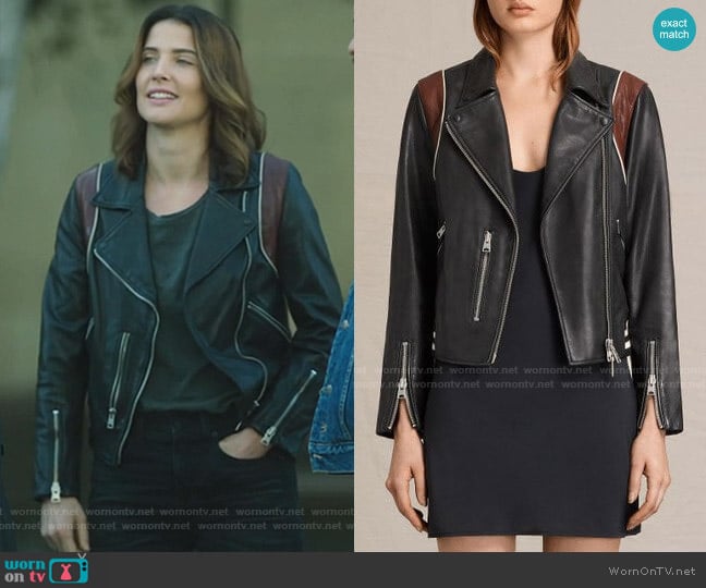 All Saints Panel Balfern Leather Bomber Jacket worn by Dex Parios (Cobie Smulders) on Stumptown