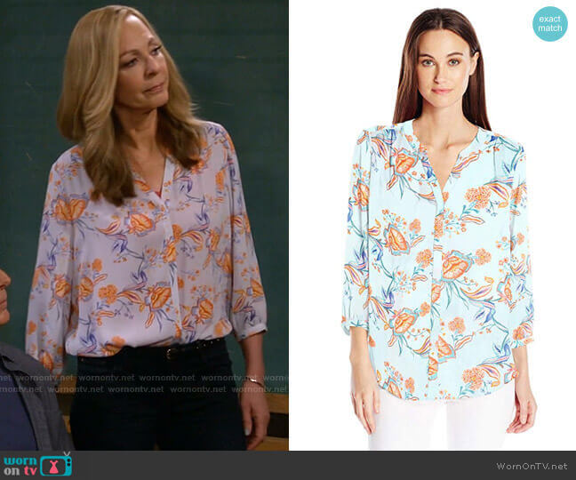 NYDJ Pintuck Blouse in Tidal Vines Tranquility worn by Bonnie Plunkett (Allison Janney) on Mom