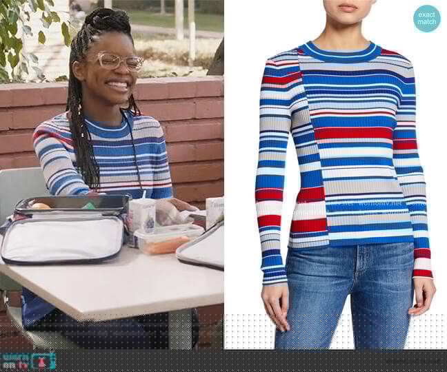 Rag and Bone Mason Striped Crewneck Long-Sleeve Rib Top worn by Diane Johnson (Marsai Martin) on Black-ish