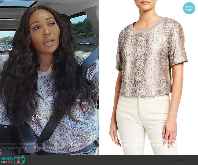 Ramy Brook Alexi Sequined Snake-Print Cropped Tee worn by Cynthia Bailey on The Real Housewives of Atlanta