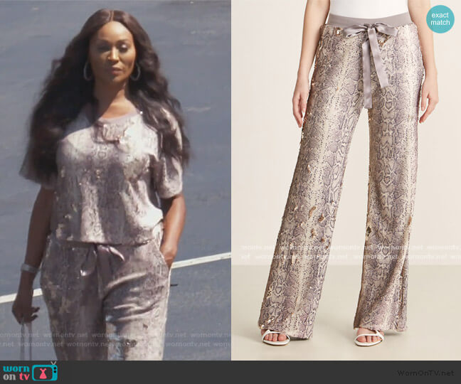 Ramy Brook Cyrus Python Sequin Drawstring Pants worn by Cynthia Bailey on The Real Housewives of Atlanta