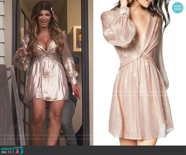 Ramy Brook Elsie Plunging Metallic Short Dress worn by Teresa Giudice on The Real Housewives of New Jersey