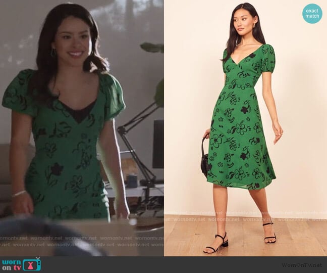 Reformation Kacey Print Puff Sleeve Midi Dress worn by Mariana Foster (Cierra Ramirez) on Good Trouble
