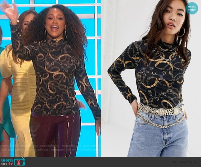 River Island High Neck Top in Scarf Print worn by Eve on The Talk