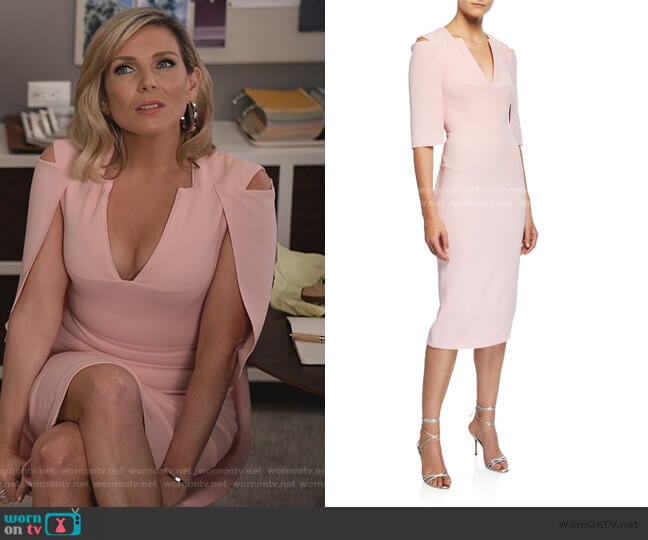 Roland Mouret Queensbury Cutout Shoulder Cape Dress worn by Brianna (June Raphael) on Grace and Frankie