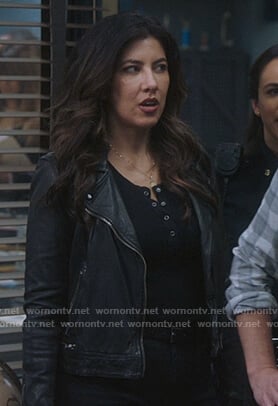Rosa’s black leather jacket with zip waist and quilted shoulders on Brooklyn Nine-Nine