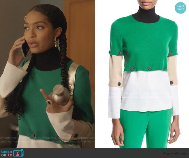 Rosetta Getty Button-Off Colorblocked Turtleneck Wool Sweater worn by Zoey Johnson (Yara Shahidi) on Grown-ish