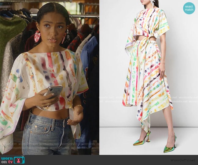 Rosie Assoulin Tie Dyle Print Two-Piece Dress worn by Zoey Johnson (Yara Shahidi) on Grown-ish
