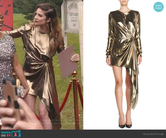 Saint Laurent Asymmetric Draped Lamé Mini Dress worn by Alexis Rose (Annie Murphy) on Schitts Creek