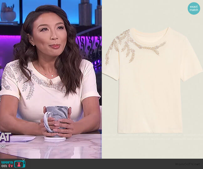 Sandro T-shirt with Embroidery and Rhinestones worn by Jeannie Mai on The Real
