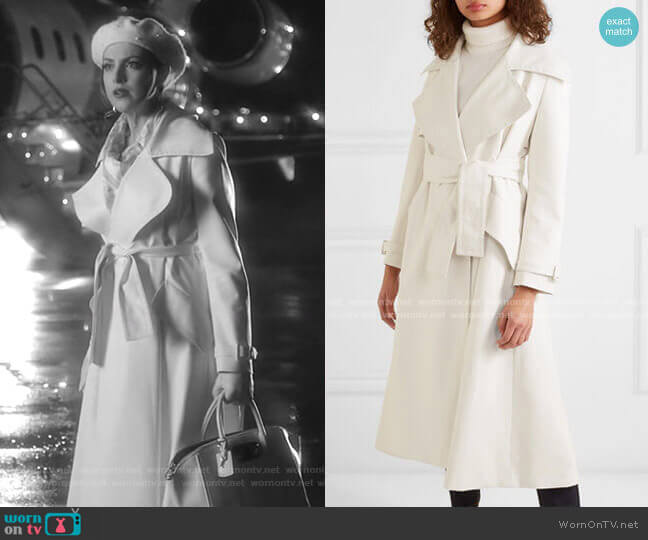 Sara Battaglia Belted Faux-Leather Trench Coat worn by Fallon Carrington (Elizabeth Gillies) on Dynasty