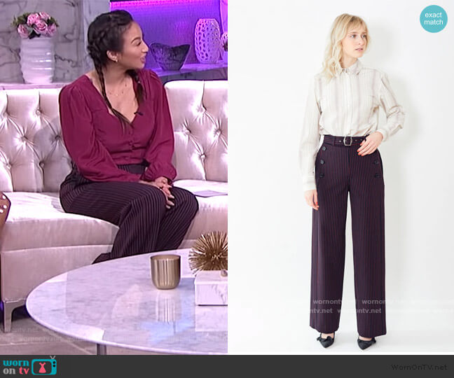 Sies Marjan Anouk Pinstripe Belted Pants worn by Jeannie Mai on The Real