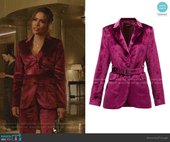 Sies Marjan Terry Belted Crushed-Velvet Blazer worn by Cristal Jennings (Daniella Alonso) on Dynasty