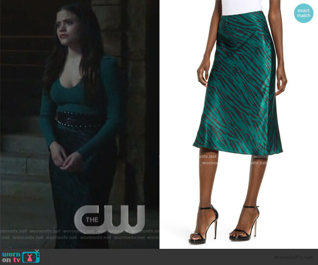 Socialite Zebra Print Bias Cut Satin Skirt worn by Maggie Vera (Sarah Jeffery) on Charmed