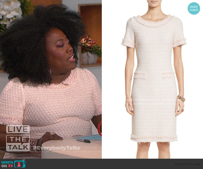 St. John Collection Lais Metallic Tweed Sheath Dress worn by Sheryl Underwood on The Talk