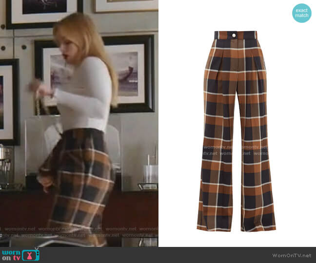 Staud Moon checked wool-blend wide-leg trousers worn by Kirby Anders (Maddison Brown) on Dynasty