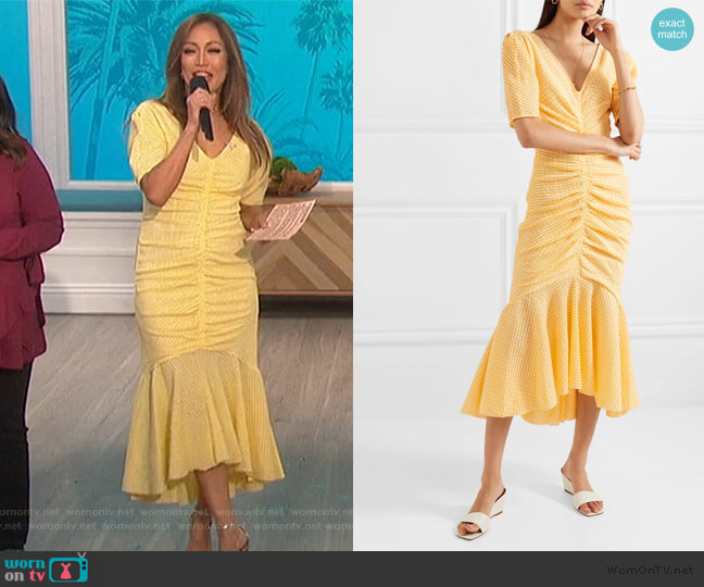 Staud Panier Asymmetric Ruched Gingham Dress worn by Carrie Inaba on The Talk