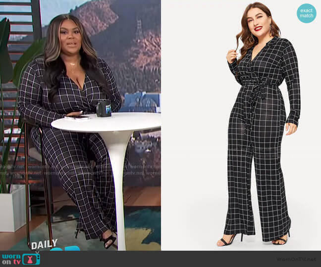 Shein Surplice Neck Tie Waist Palazzo Grid Jumpsuit worn by Nina Parker on E! News