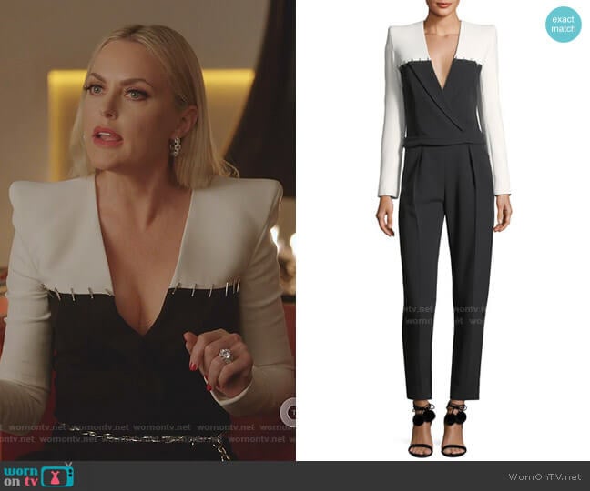 Mugler Colorblock Staple-Trim Tuxedo Jumpsuit worn by Alexis Carrington (Elaine Hendrix) on Dynasty