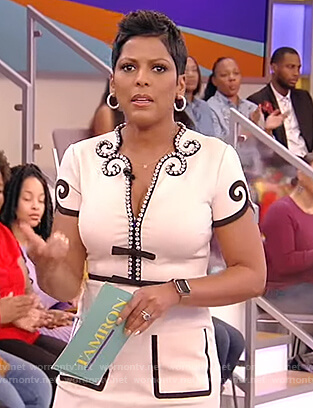 Tamron’s white crystal trim embellished dress on Tamron Hall Show