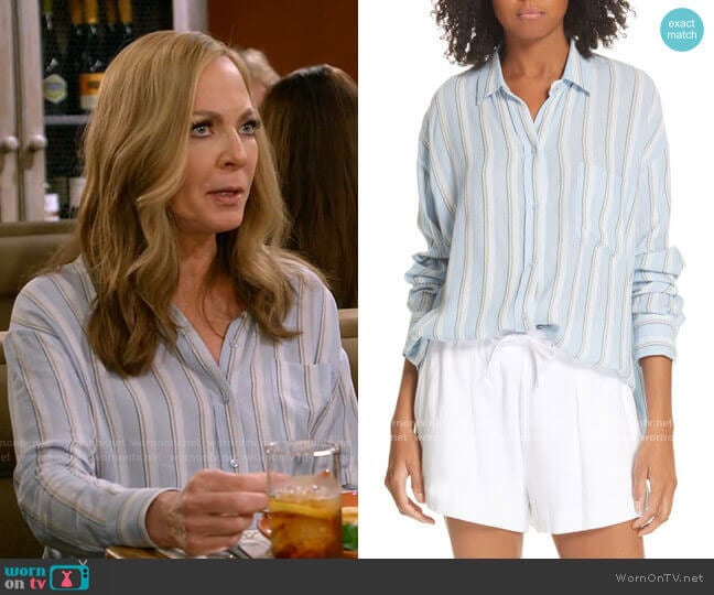 Vince Textured Stripe Button Up Blouse in Surf Mist worn by Bonnie Plunkett (Allison Janney) on Mom