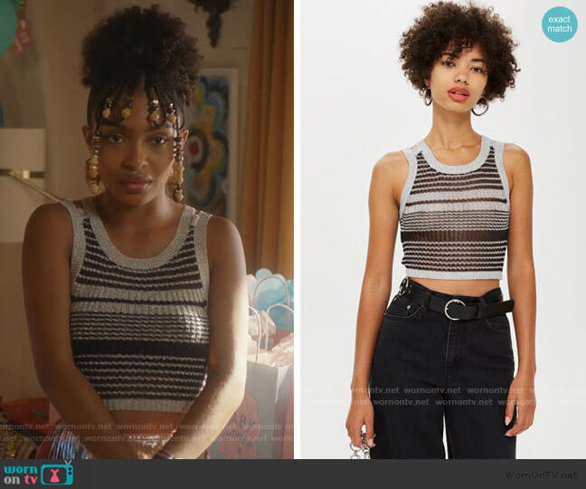 Topshop Silver Knitted Metallic Tank Top worn by Zoey Johnson (Yara Shahidi) on Grown-ish