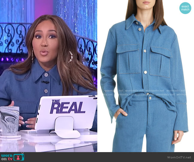 Trave Luna Denim Shirt Jacket worn by Adrienne Houghton on The Real