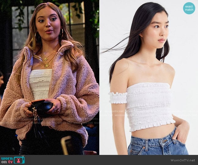 Urban Outfitters Lena Smocked Off-The-Shoulder Cropped Top worn by Brooke Bishop (Bella Podaras) on The Expanding Universe of Ashley Garcia