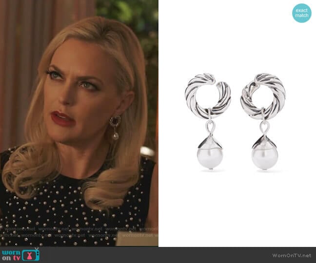 Sophie Buhai Velasquez Silver Faux Pearl Hoop Earrings worn by Alexis Carrington (Elaine Hendrix) on Dynasty