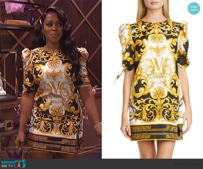 Versace Versace V Barocco Print Tie Sleeve Silk Shift Minidress worn by Wendy Williams on The Wendy Williams Show