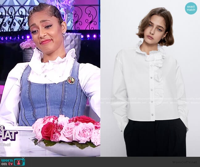 Zara Ruffle Jewell Button Top worn by Amanda Seales on The Real