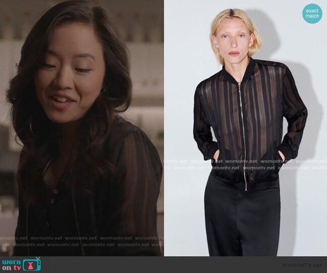 Zara Semi Sheer Bomber Jacket worn by Janet (Andrea Bang) on Kims Convenience