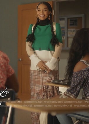Zoey’s colorblock sweater and plaid skirt on Grown-ish