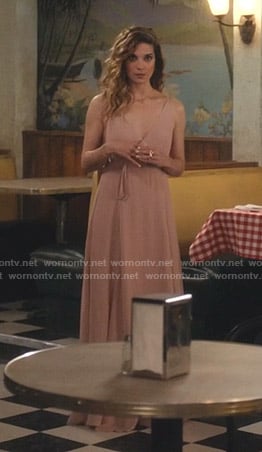 Alexis’s pink wrap maxi dress on Schitts Creek