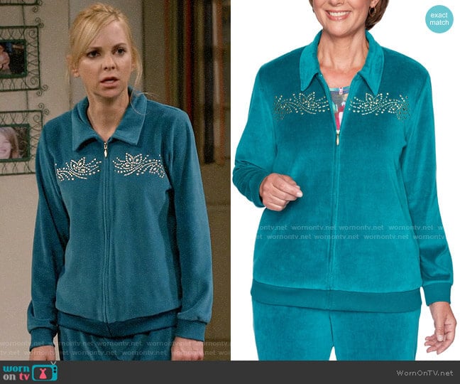 Alfred Dunner Bright Idea Embellished Velour Jacket in Jade / Berry worn by Christy Plunkett (Anna Faris) on Mom