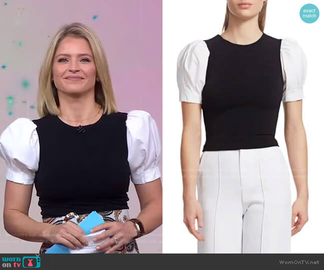Alice + Olivia Aubrey Puff-Sleeve Top worn by Sara Haines on Good Morning America