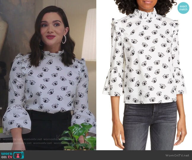 Alice + Olivia Henrietta Eye Pattern Ruffled Cotton Boxy Blouse worn by Jane Sloan (Katie Stevens) on The Bold Type