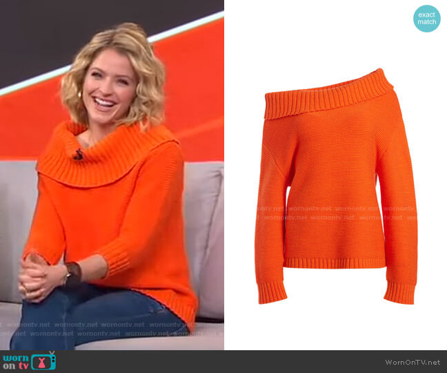 Alice + Olivia Bonnie Off-Shoulder Pullover worn by Sara Haines on Good Morning America