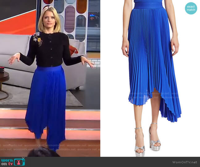 Alice + Olivia Koryn Asymmetrical Pleated Midi Skirt worn by Sara Haines on Good Morning America