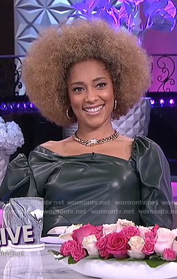 Amanda’s green asymmetric leather top on The Real