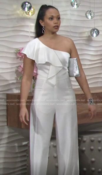 Amanda’s white ruffled one-shoulder jumpsuit on The Young and the Restless
