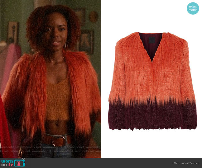 Anna Sui Papaya Two-tone Faux Fur Jacket worn by Josie McCoy (Ashleigh Murray) on Katy Keene