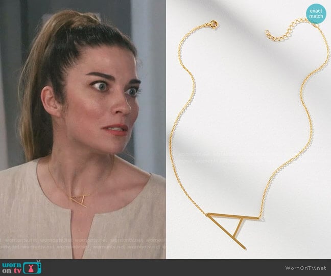 Anthropologie Block Letter Monogram Necklace worn by Alexis Rose (Annie Murphy) on Schitts Creek
