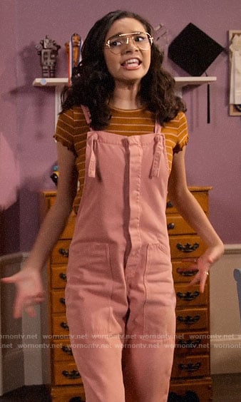 Ashley’s brown striped tee and pink overalls on The Expanding Universe of Ashley Garcia