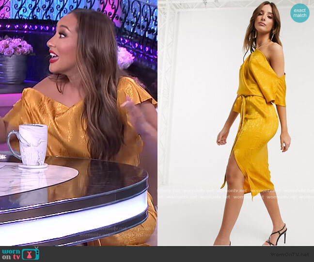 Flounce London Drape Off Shoulder Midi Dress in golden yellow worn by Adrienne Houghton on The Real