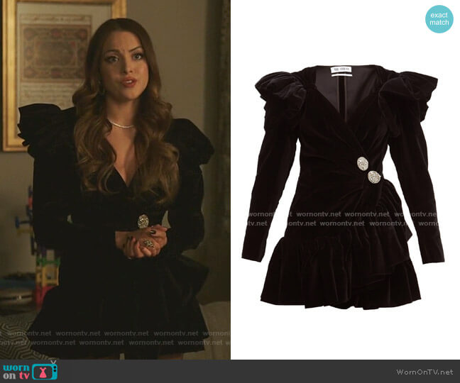 Attico Crystal-Button Ruffled Velvet Wrap Dress worn by Fallon Carrington (Elizabeth Gillies) on Dynasty