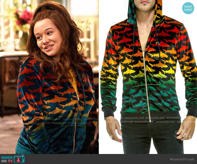 Aviator Nation Velvet Shark Hoodie worn by Jade (Talia Jackson) on Family Reunion