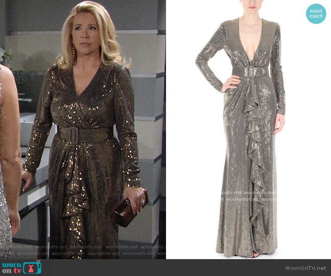 Badgley Mischka Runway Sequin V Neck Ruffle Gown worn by Nikki Reed Newman (Melody Thomas-Scott) on The Young and the Restless