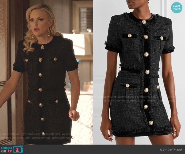 Balmain Velvet-Trimmed Frayed Metallic Tweed Mini Dress worn by Alexis Carrington (Elaine Hendrix) on Dynasty