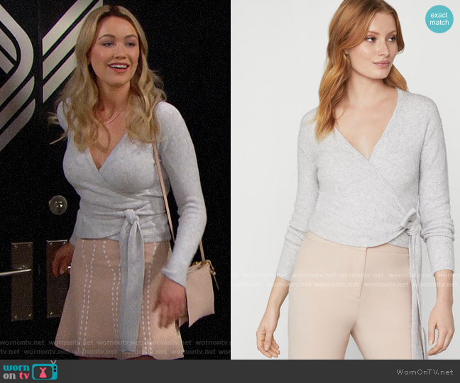 Bcbgmaxazria Wrap Sweater in Light Dove worn by Flo Fulton (Katrina Bowden) on The Bold and the Beautiful